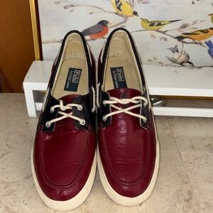 Polo by Ralph Lauren Burgundy and Black Leather Boat Shoes with Cream Laces
